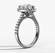 French Pave Halo Diamond Engagement Ring with Pear Cut Diamond