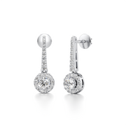 White Gold Dangle Earrings – Round Diamond Halo Drop | JewelVerra