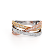 Tri-Tone Twisted Diamond Ring – White, Rose & Yellow Gold | Unique Multi-Band Design | JewelVerra