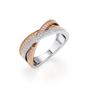 Tri-Tone Twisted Diamond Ring – White, Rose & Yellow Gold | Unique Multi-Band Design | JewelVerra