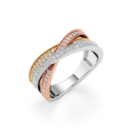 Tri-Tone Twisted Diamond Ring – White, Rose & Yellow Gold | Unique Multi-Band Design | JewelVerra