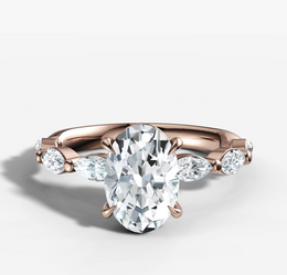 Single Prong Marquise Diamond Band Engagement Ring with Oval Cut Diamond