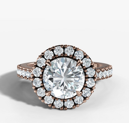 French Pave Halo Diamond Engagement Ring with Round Brilliant Cut Diamond