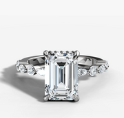 Petite Marquise and Round Single Prong Diamond Engagement Ring with Emerald Cut Diamond