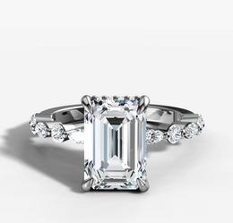Petite Marquise and Round Single Prong Diamond Engagement Ring with Emerald Cut Diamond