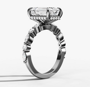 Petite Marquise and Round Single Prong Diamond Engagement Ring with Emerald Cut Diamond