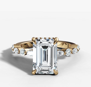Petite Marquise and Round Single Prong Diamond Engagement Ring with Emerald Cut Diamond