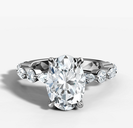 Marquise and Round Single Prong Diamond Engagement Ring with Oval Cut Diamond