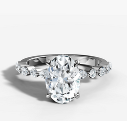 Petite Marquise and Round Single Prong Diamond Engagement Ring with Oval Cut Diamond