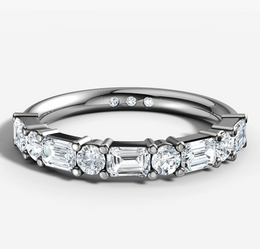 Shared Prong Band With Emerald and Round Brilliant Cut Diamonds