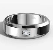 Beveled Edge Band With Emerald Cut Diamond