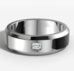 Beveled Edge Band With Emerald Cut Diamond