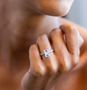 Hidden Halo Petite Shared Prong Diamond Engagement Ring with Emerald Cut Diamond