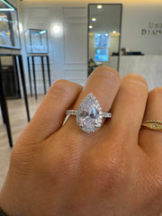French Pave Halo Diamond Engagement Ring with Pear Cut Diamond