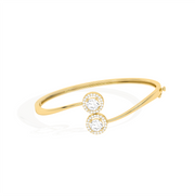 Yellow Gold Open Bangle Bracelet – Twin Round Halo Diamonds | JewelVerra