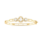 Three-Stone Diamond Bangle in Yellow Gold – Oval Center Halo Bracelet | JewelVerra