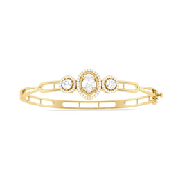 Three-Stone Diamond Bangle in Yellow Gold – Oval Center Halo Bracelet | JewelVerra