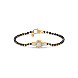 Round Diamond Halo Mangalsutra Bracelet – Yellow Gold with Black Beads | JewelVerra