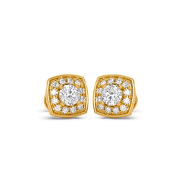 Square Halo Diamond Stud Earrings in Yellow Gold – Brilliant Cushion Style Studs | JewelVerra