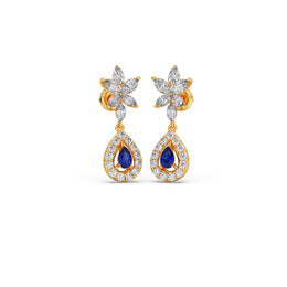 Blue Sapphire Floral Drop Earrings in Yellow Gold – Teardrop Halo Design | JewelVerra