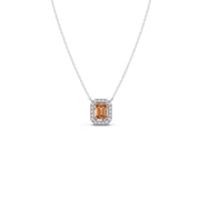 Emerald-Cut Orange Sapphire Necklace with Diamond Halo in Yellow Gold – Luxury Pendant | JewelVerra