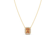 Emerald-Cut Orange Sapphire Necklace with Diamond Halo in Yellow Gold – Luxury Pendant | JewelVerra