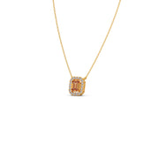 Emerald-Cut Orange Sapphire Necklace with Diamond Halo in Yellow Gold – Luxury Pendant | JewelVerra