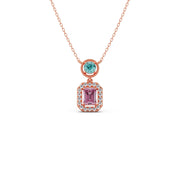 Teal & Pink Gemstone Pendant Necklace – Double Stone Halo Gold Chain | JewelVerra