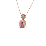 Teal & Pink Gemstone Pendant Necklace – Double Stone Halo Gold Chain | JewelVerra