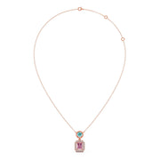 Teal & Pink Gemstone Pendant Necklace – Double Stone Halo Gold Chain | JewelVerra