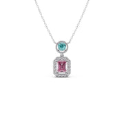 Teal & Pink Gemstone Pendant Necklace – Double Stone Halo Gold Chain | JewelVerra