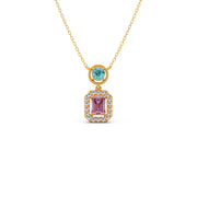 Teal & Pink Gemstone Pendant Necklace – Double Stone Halo Gold Chain | JewelVerra