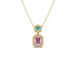 Teal & Pink Gemstone Pendant Necklace – Double Stone Halo Gold Chain | JewelVerra