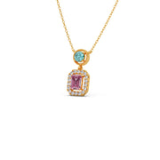 Teal & Pink Gemstone Pendant Necklace – Double Stone Halo Gold Chain | JewelVerra