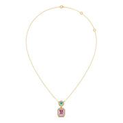 Teal & Pink Gemstone Pendant Necklace – Double Stone Halo Gold Chain | JewelVerra