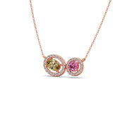 Two-Stone Halo Necklace – Yellow Oval & Pink Round Gemstones in Gold | JewelVerra
