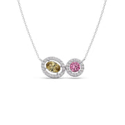 Two-Stone Halo Necklace – Yellow Oval & Pink Round Gemstones in Gold | JewelVerra
