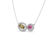 Two-Stone Halo Necklace – Yellow Oval & Pink Round Gemstones in Gold | JewelVerra