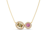 Two-Stone Halo Necklace – Yellow Oval & Pink Round Gemstones in Gold | JewelVerra