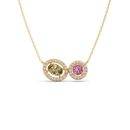 Two-Stone Halo Necklace – Yellow Oval & Pink Round Gemstones in Gold | JewelVerra