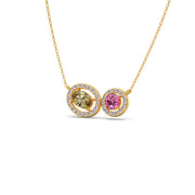 Two-Stone Halo Necklace – Yellow Oval & Pink Round Gemstones in Gold | JewelVerra