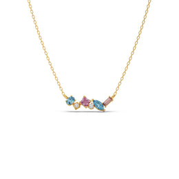 Multi-Shaped Gemstone Necklace in Yellow Gold – Pink & Blue Stone Pendant | JewelVerra