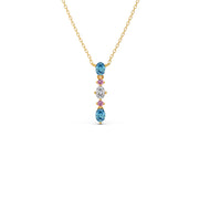 Elegant Vertical Gemstone Necklace with Blue Topaz, Pink Sapphires & Diamond – Yellow, Rose & Silver Gold | JewelVerra