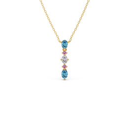 Elegant Vertical Gemstone Necklace with Blue Topaz, Pink Sapphires & Diamond – Yellow, Rose & Silver Gold | JewelVerra