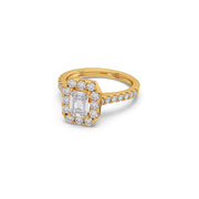 Emerald Cut Diamond Ring in Yellow Gold – Halo Design | JewelVerra
