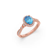 Blue Oval Gemstone Ring in Yellow Gold – Halo Diamond Design | JewelVerra