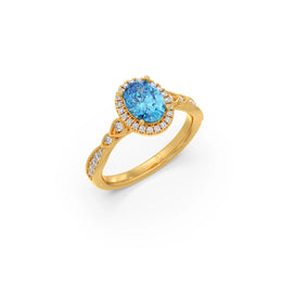 Blue Oval Gemstone Ring in Yellow Gold – Halo Diamond Design | JewelVerra