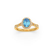 Blue Oval Gemstone Ring in Yellow Gold – Halo Diamond Design | JewelVerra