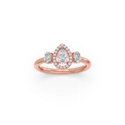 Pear-Shaped Diamond Ring in White Gold – Three-Stone Halo Ring with Oval Side Diamonds | JewelVerra