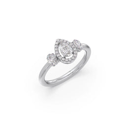 Pear-Shaped Diamond Ring in White Gold – Three-Stone Halo Ring with Oval Side Diamonds | JewelVerra